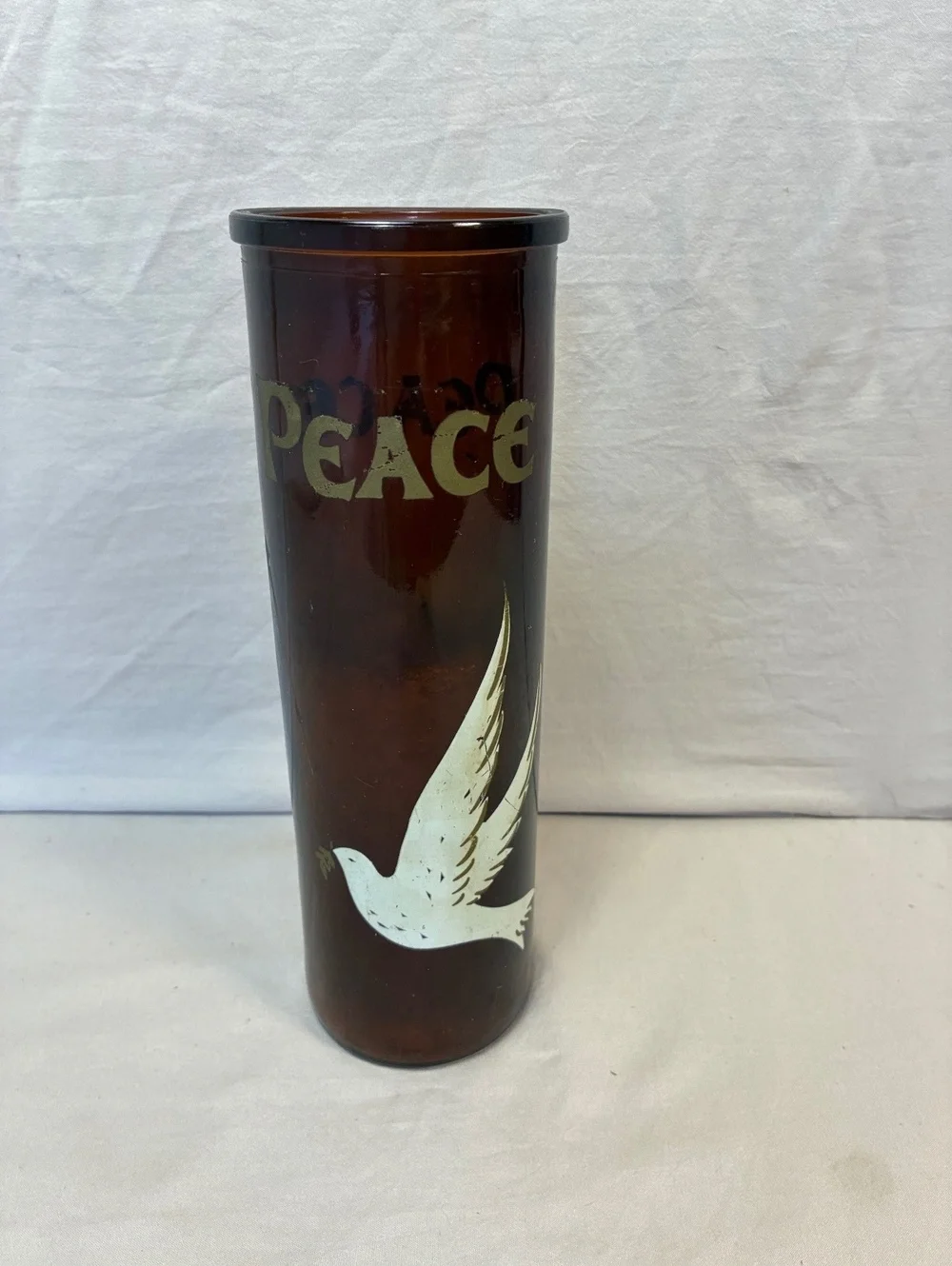 Vintage Brown Glass Peace Candle with White Dove Design, 9 Inch